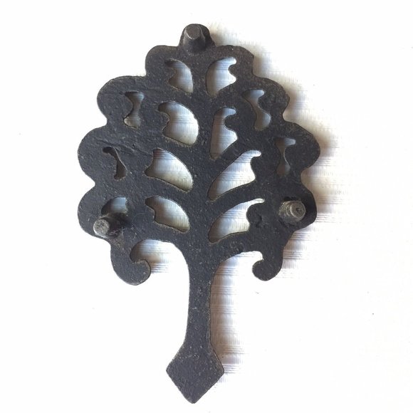 Small Cast Iron Metal Trivet Footed Spoon Rest Tree of Life Painted Ornate Green - Picture 11 of 12